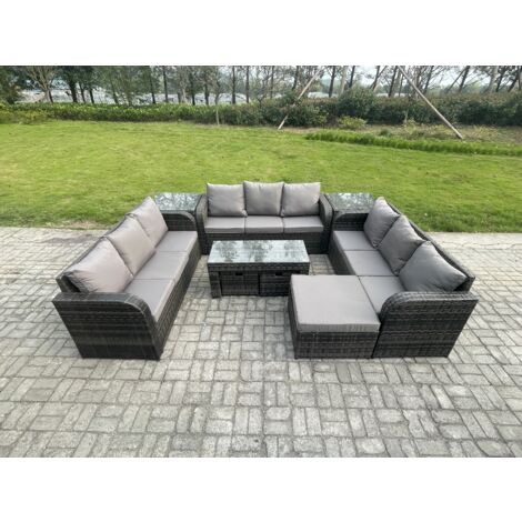 Fimous Salon de jardin 12 places Meubles de jardin avec Table basse 3 Tabourets 2 Tables d'appoint Gris foncé mixte