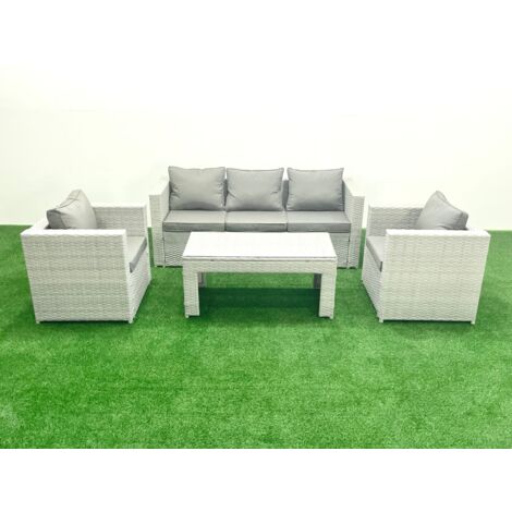 Fimous Salon de jardin 4 Pièces Canapé de jardin Table basse oblongue avec 2 Chaises Gris clair mixte