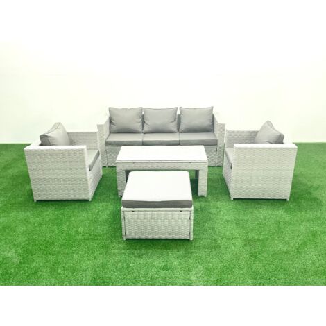 Fimous Salon de jardin 5 Pièces Canapé de jardin Table basse oblongue avec 2 Chaises Stool Gris clair mixte