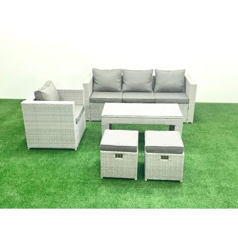 Fimous Salon de jardin 5 Pièces Canapé de jardin Table basse oblongue avec Fauteuil 2 Petits tabourets Gris clair mixte