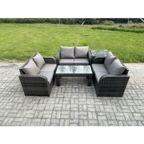 Fimous Salon de jardin 6 places Meubles de jardin avec Table basse Canapé d'amour Table d'appoint Gris foncé mixte