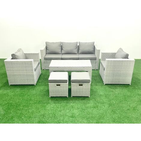 Fimous Salon de jardin 7 places Canapé de jardin Table basse oblongue avec 2 Chaises 2 Stools Gris clair mixte