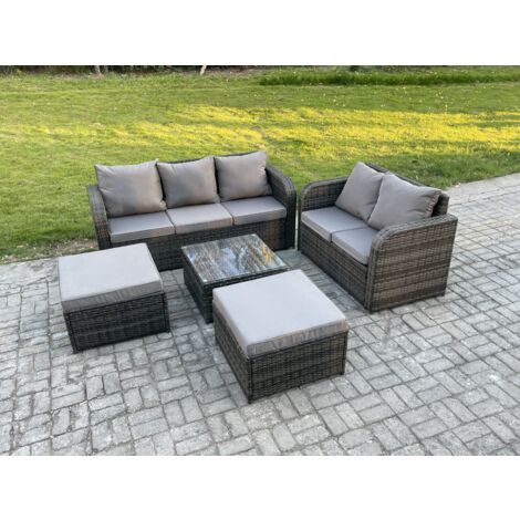 Fimous Salon de jardin 7 places Ensemble de canapés en rotin Table basse carrée 2 Grand tabourets
