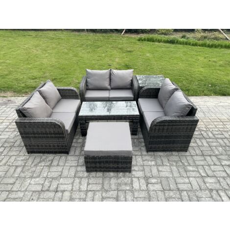 Fimous Salon de jardin 7 places Meubles de jardin avec Table basse Canapé d'amour Grand tabouret Table d'appoint Gris foncé mixte