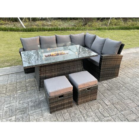 Fimous – Salon de jardin 8 places en rotin gris foncé – Canapés à dossier haut et table avec foyer à gaz – Dimensions table 150x90x72cm