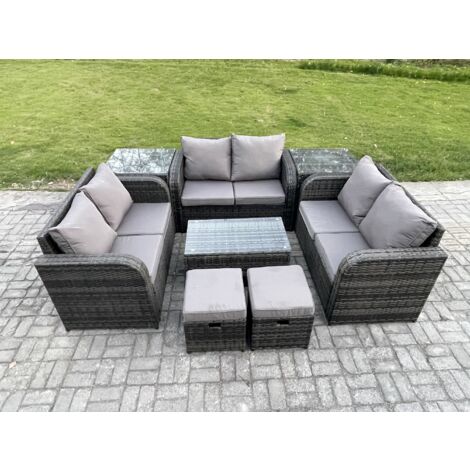Fimous Salon de jardin 8 places Ensemble de canapés en rotin avec Canapé d'amour Table basse 2 Tables d'appoint 2 Petits tabourets Gris foncé mixte