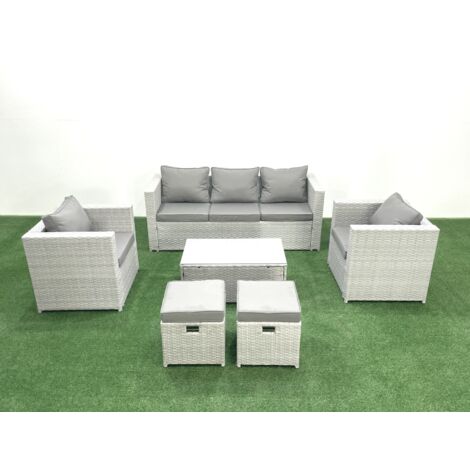 Fimous Salon de jardin avec Canapé 3 places 2 Chaise Table basse rectangulaire 2 Petits tabourets Gris clair mixte 7 places