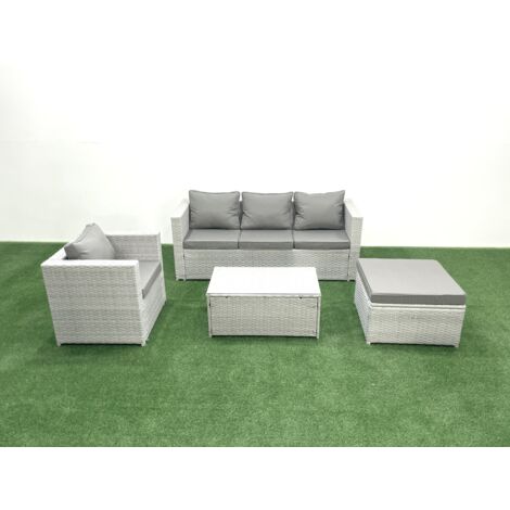 Fimous Salon de jardin avec Canapé 3 places Chaise Table basse rectangulaire Grand tabouret Gris clair mixte 5 places