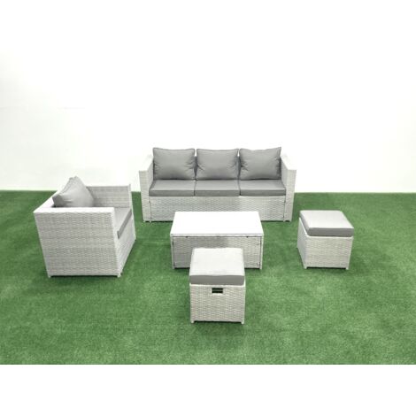 Fimous Salon de jardin avec Canapé 3 places Chaise Table basse rectangulaire Grand tabouret Gris clair mixte 6 places