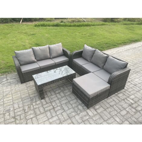 Fimous Salon de jardin avec Table basse rectangulaire Grand tabouret Canapé 3 places Gris foncé mixte