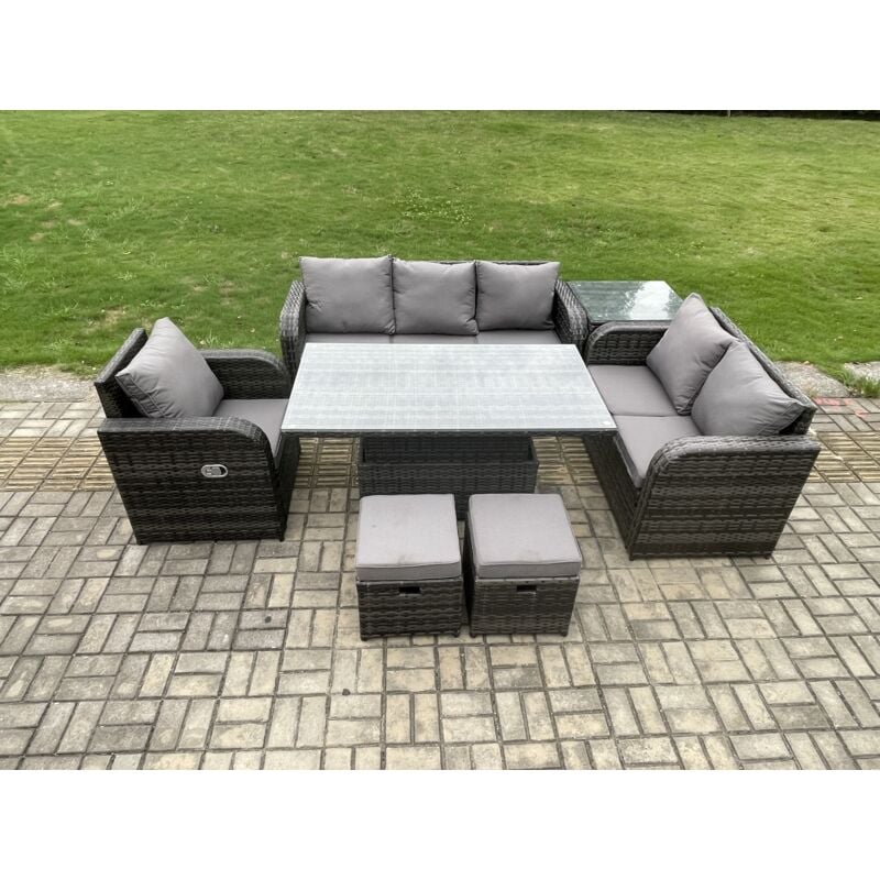 Salon de Jardin en Résine Ensemble Repas de Jardin Exterieur Table à manger réglable en hauteur Chaise inclinable Canapé avec Table d'appoint 2