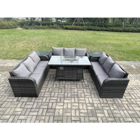 Fimous Salon de Jardin en Résine Ensemble Repas de Jardin Exterieur Table de foyer à gaz avec 2 Tables d'appoint Canapé Lounge Gris foncé mixte