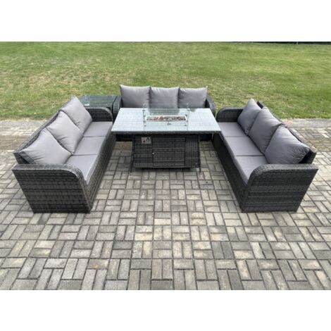Fimous Salon de Jardin en Résine Ensemble Repas de Jardin Exterieur Table de foyer à gaz avec Table d'appoint Canapé 3 places Gris foncé mixte