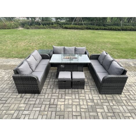 Fimous Salon de Jardin en Résine Ensemble Repas de Jardin Exterieur Table de foyer à gaz avec Table d'appoint Canapé Lounge 2 Petits tabourets Gris foncé mixte