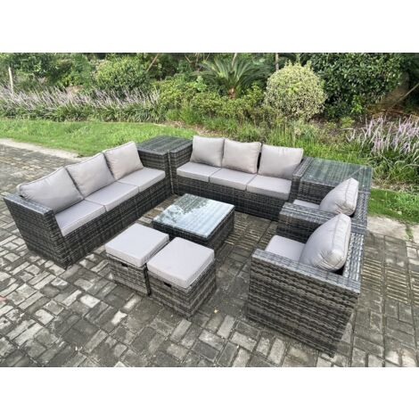 Fimous Salon de jardin en rotin 10 places avec 2 Fauteuils Table basse carrée 2 Tables d'appoint 2 Petit pouf Mélange gris foncé