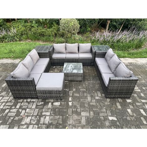 Fimous Salon de jardin en rotin 10 places avec 2 Tables d'appoint Table basse carrée grand tabouret Mélange gris foncé