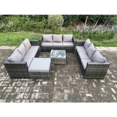 Fimous Salon de jardin en rotin 10 places avec Table basse carrée grand tabouret Mélange gris foncé