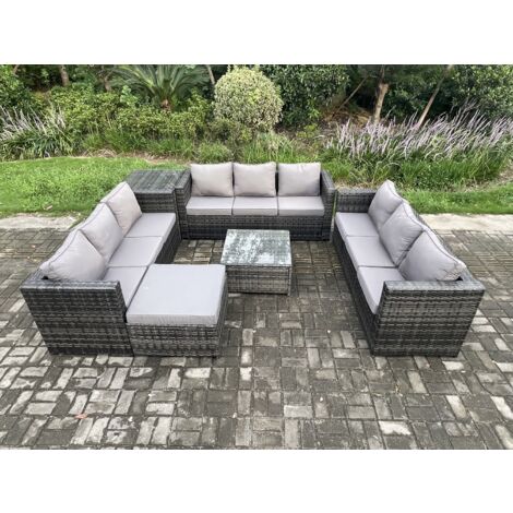 Fimous Salon de jardin en rotin 10 places avec Tables d'appoint Table basse carrée grand tabouret Mélange gris foncé