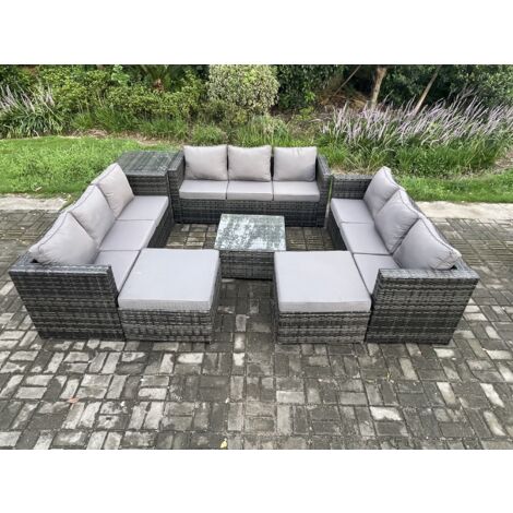Fimous Salon de jardin en rotin 11 places avec Tables d'appoint Table basse carrée 2 grand tabouret Mélange gris foncé