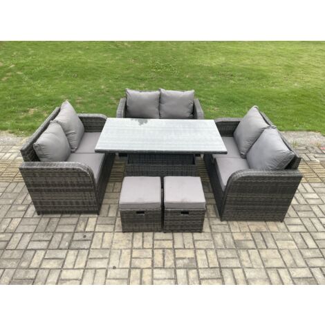 Fimous Salon de jardin en rotin 3 pièces Love Sofa et Table à manger réglable en hauteur avec 2 Petits poufs