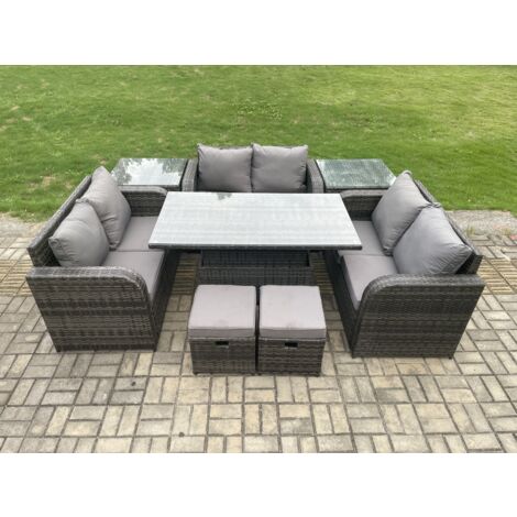 Fimous Salon de jardin en rotin 3 pièces Love Sofa et Table à manger réglable en hauteur avec 2 Tables d'appoint 2 Petits poufs