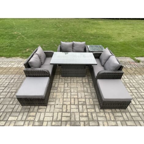 Fimous Salon de jardin en rotin 3 pièces Love Sofa et Table à manger réglable en hauteur avec Tables d'appoint 2 grand tabouret