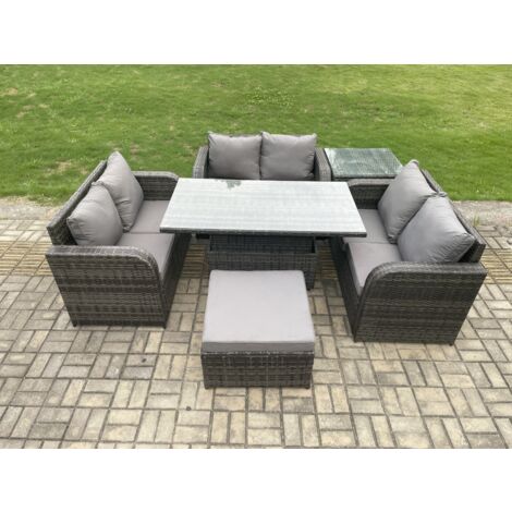 Fimous Salon de jardin en rotin 3 pièces Love Sofa et Table à manger réglable en hauteur avec Tables d'appoint grand tabouret