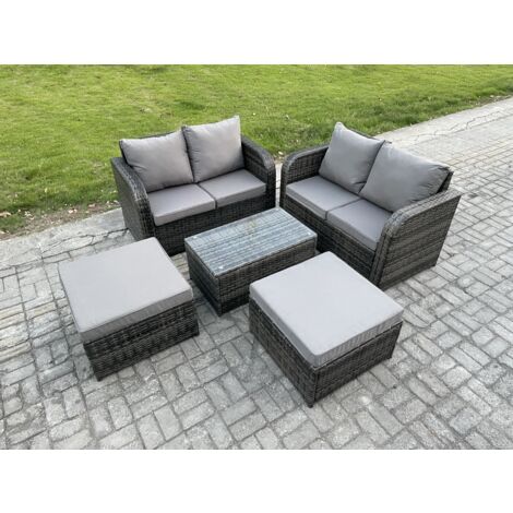 Fimous Salon de jardin en rotin 6 places avec Table basse rectangulaire 2 grand tabouret Mélange gris foncé