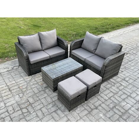 Fimous Salon de jardin en rotin 6 places avec Table basse rectangulaire 2 Petits poufs Mélange gris foncé