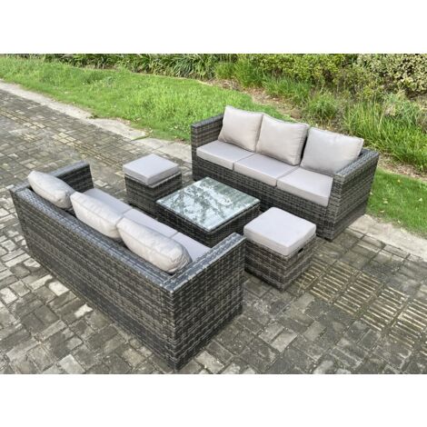 Fimous Salon de jardin en rotin 8 places avec Table basse carrée 2 Petits poufs Mélange gris foncé