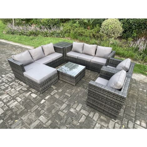 Fimous Salon de jardin en rotin 9 places avec 2 Fauteuils Tables d'appoint Table basse carrée grand tabouret Mélange gris foncé