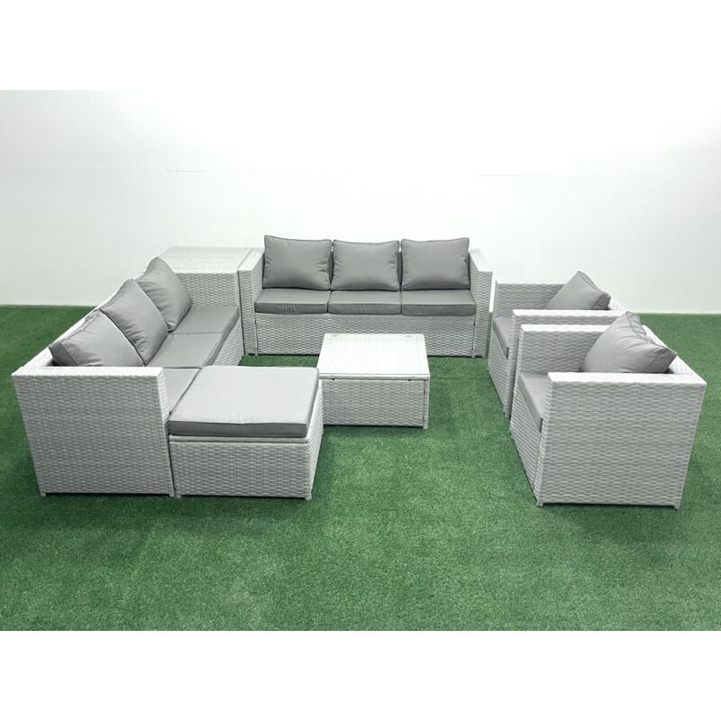 Salon de Jardin en rotin avec 2 Fauteuil Table basse carrée Grand tabouret Table d'appoint Gris clair mixte - Fimous