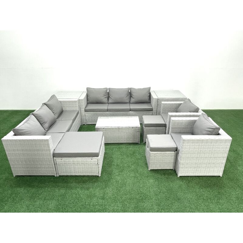 Salon de Jardin en rotin avec 2 Fauteuil Table basse oblongue 3 Tabourets 2 Tables d'appoint Gris clair mixte - Fimous