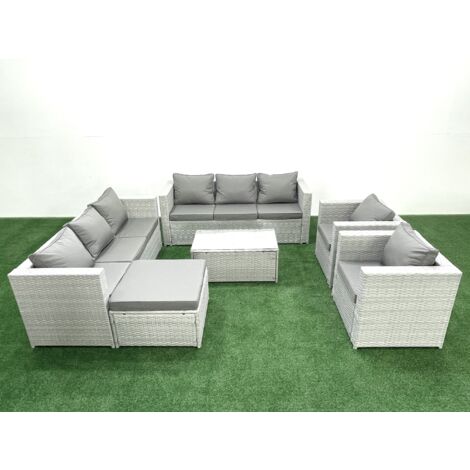 Fimous Salon de Jardin en rotin avec 2 Fauteuil Table basse oblongue Grand tabouret Gris clair mixte