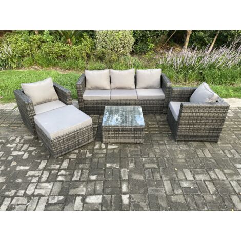Fimous Salon de jardin en rotin avec 2 Fauteuils Table basse carrée grand tabouret Mélange gris foncé