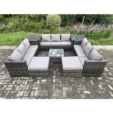 Fimous Salon de jardin en rotin avec 2 Tables d'appoint Table basse carrée 2 grand tabouret Mélange gris foncé
