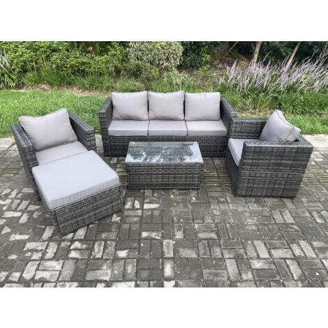 Fimous Salon de jardin en rotin avec Canapé 3 places table basse 2 Fauteuils grand tabouret Mélange gris foncé