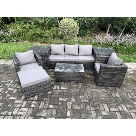 Fimous Salon de jardin en rotin avec Canapé 3 places table basse 2 Tables d'appoint 2 Fauteuils grand tabouret Mélange gris foncé
