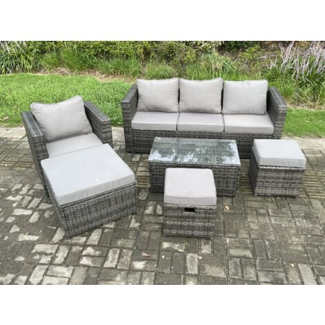 Fimous Salon de jardin en rotin avec Canapé 3 places table basse Fauteuil 3 Tabourets Mélange gris foncé