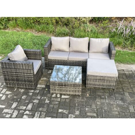 Fimous Salon de jardin en rotin avec Fauteuil Table basse carrée grand tabouret Mélange gris foncé