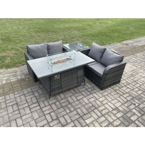 Fimous Salon de jardin en rotin avec Gas Fire Pit Table 4 Pièces Love Sofa Set Mélange gris foncé