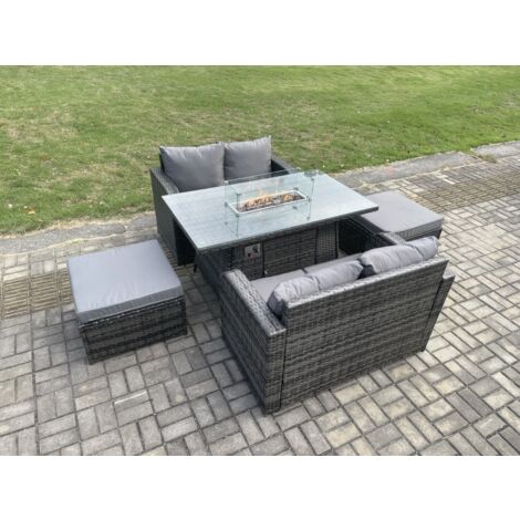 Fimous Salon de jardin en rotin avec Gas Fire Pit Table 5 Pièces Love Sofa Set Mélange gris foncé