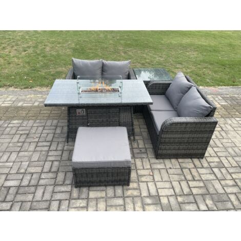 Fimous Salon de jardin en rotin avec Gas Fire Pit Table 5 Pièces Love Sofa Set Mélange gris foncé