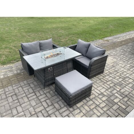 Fimous Salon de jardin en rotin avec Gas Fire Pit Table Tabouret 4 Pièces Love Sofa Set Mélange gris foncé
