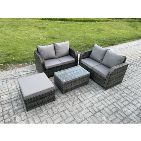 Fimous Salon de jardin en rotin avec Table basse rectangulaire grand tabouret Mélange gris foncé