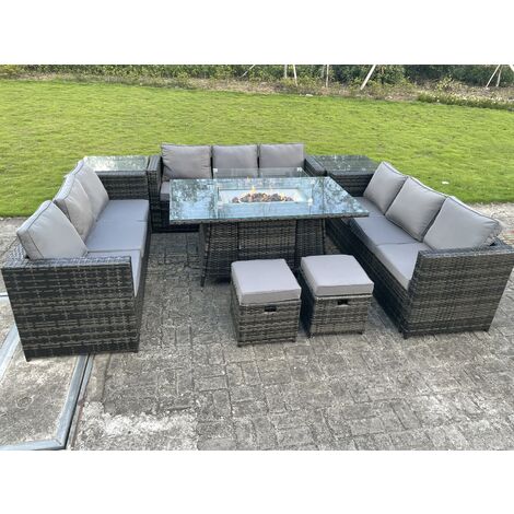Fimous – Salon de jardin en rotin gris foncé 11 places – Table à manger firepit 150x90cm – 2 tables d'appoint 65x65cm – Coussin d'assise 8cm d'épaisseur