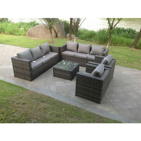 Fimous – Canapé de jardin 8 places en rotin gris foncé – Résistant aux intempéries – Coussins amovibles – Table 65x65cm en verre trempé
