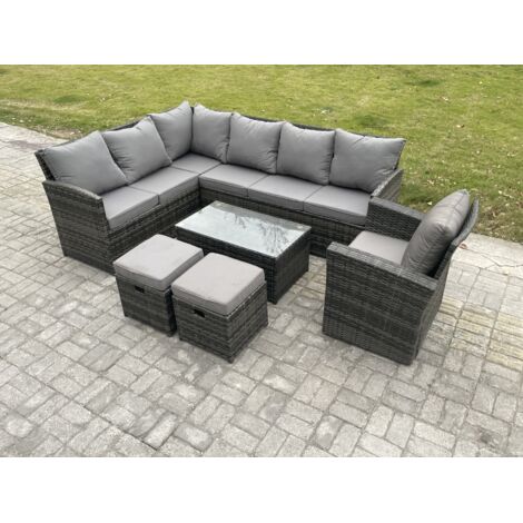 Fimous Salon de Jardin en Rotin PE avec Table basse rectangulaire 2 Petits repose-pieds Fauteuil Gris foncé mélangé