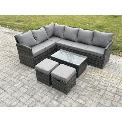 Fimous Salon de Jardin en Rotin PE avec Table basse rectangulaire 2 Petits repose-pieds Gris foncé mélangé