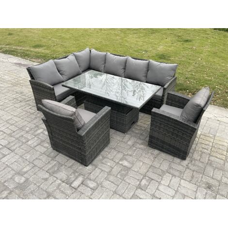 Fimous Salon de Jardin en Rotin PE Ensemble canapé et table à manger réglable en hauteur avec 2 Fauteuils Gris foncé mélangé